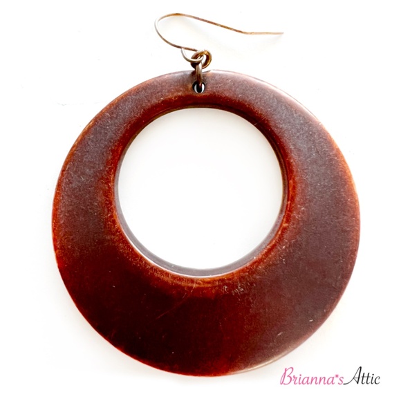 Wood finish designer round dangling earrings, brown - Picture 7 of 9